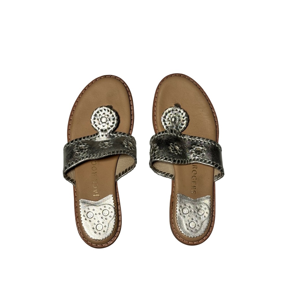 Jack Rogers Jacks Flat Metallic Silver Leather Whipstitch‎ Sandals Womens 6M